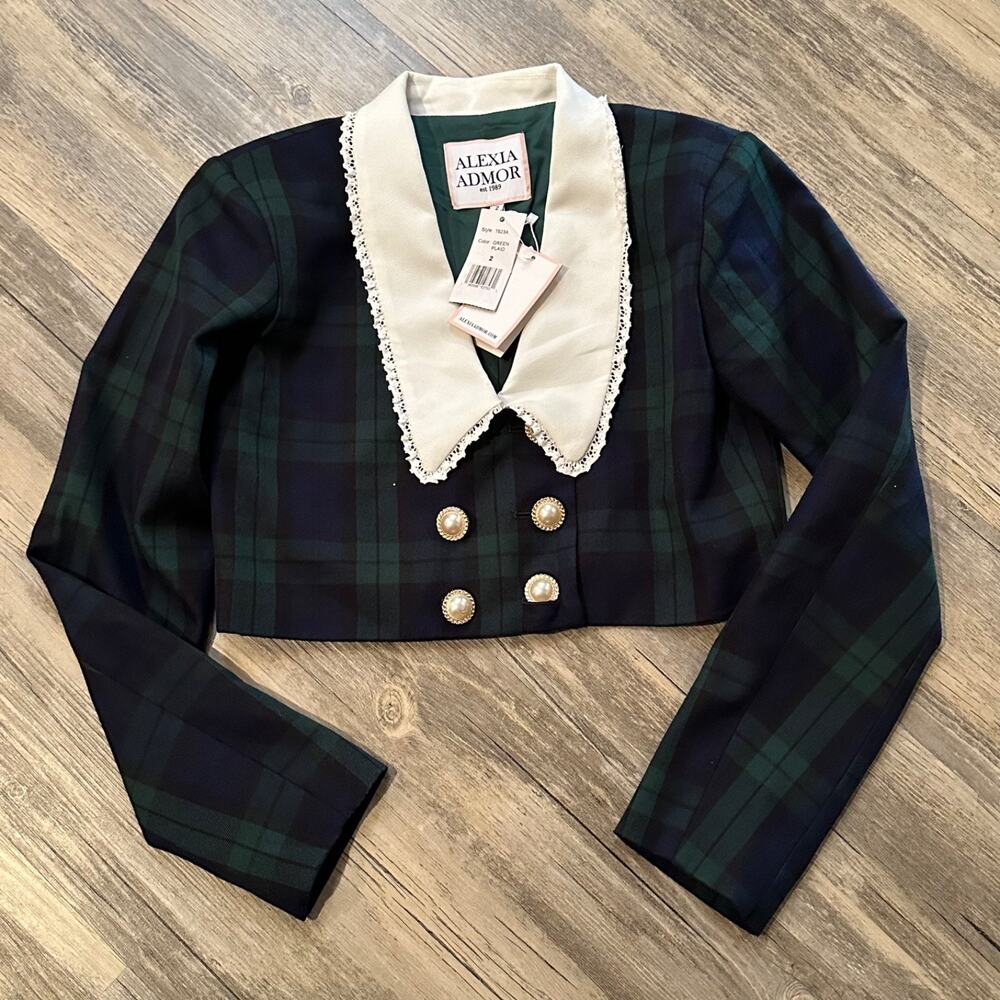 Women's Alexia Admor Aurelia Drop Lace Collar Cropped Plaid Jacket Size 2